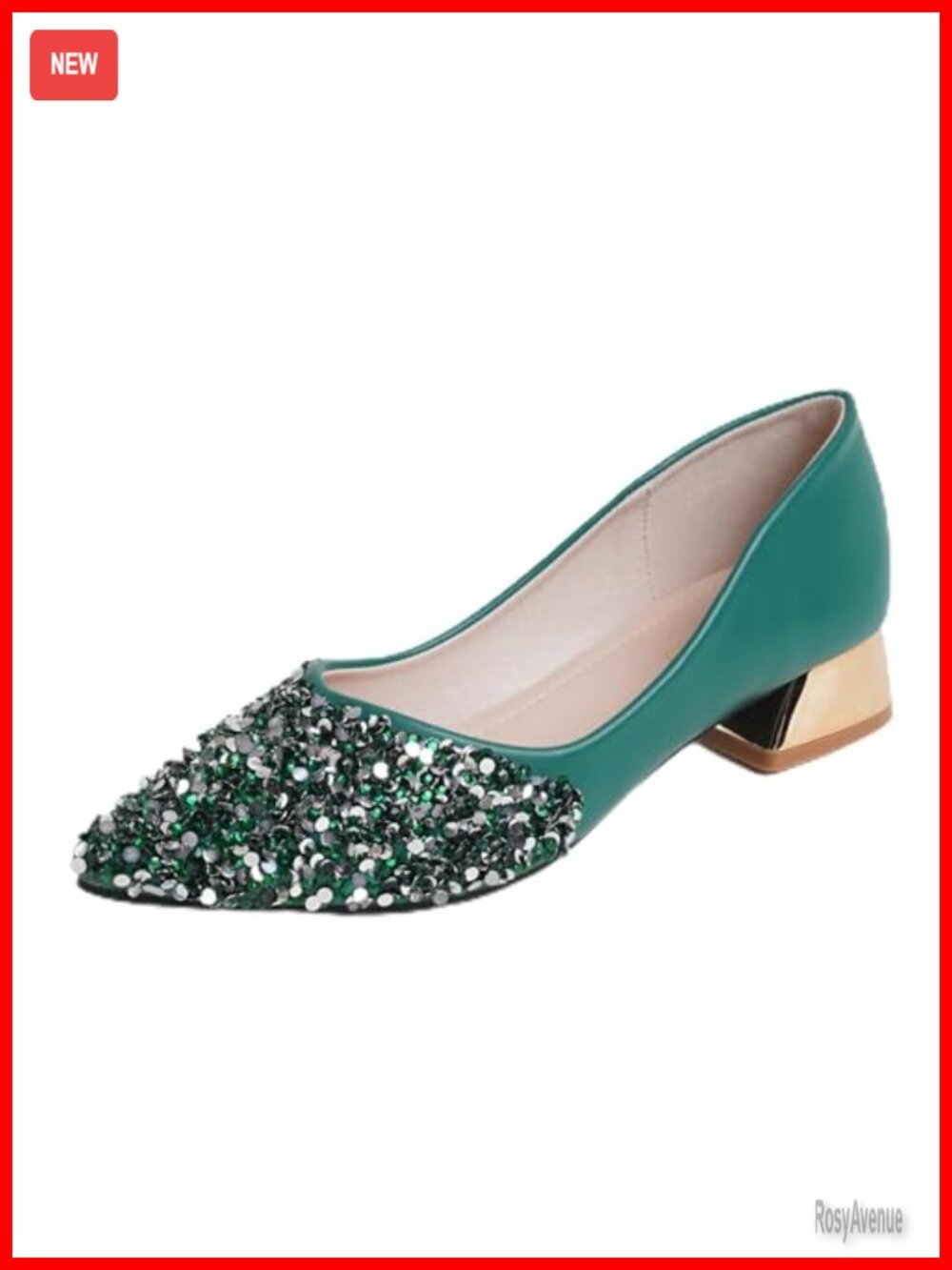Women's Pointed Toe Rhinestone Chunky Heel Pumps Comfortable Work Dress Shoes